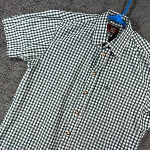 OS Trachten Button Down Shirt Mens M Green Gingham Stag Logo Short Sleeve